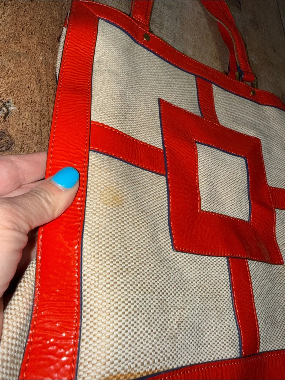 Jonathan Adler Red Patent Leather Trim Linen Cotton Canvas Geometric Tote Bag